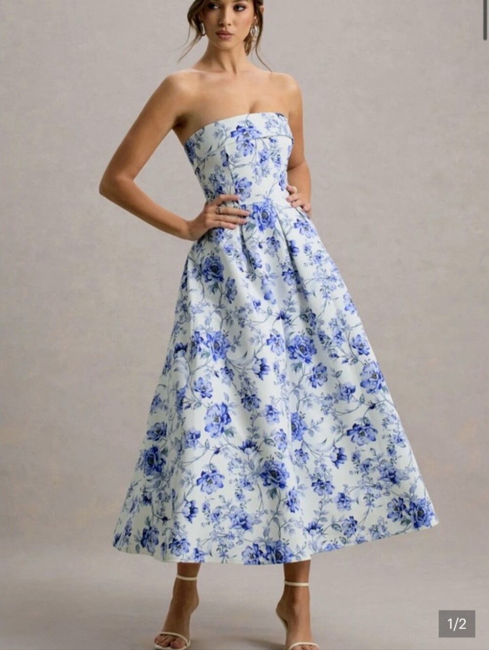 Strapless Blue Floral Midi Dress